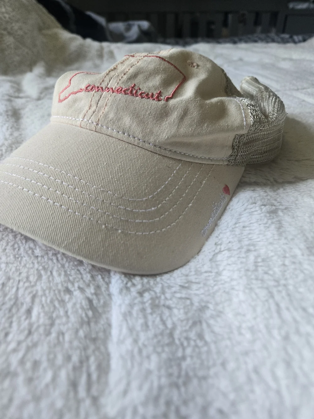 Cream Baseball Cap with Pink Connecticut Outline Embroidery